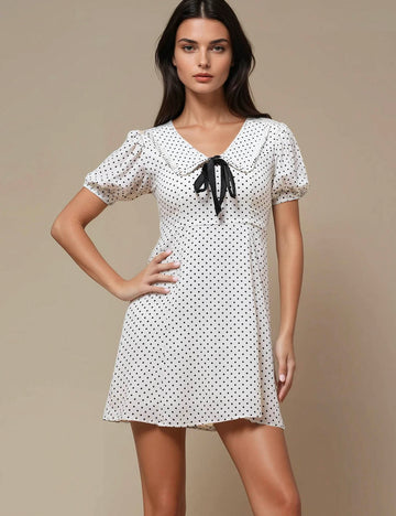 Ladies V-Neck Short Sleeves Polka Dot Mini Dress SKD50186