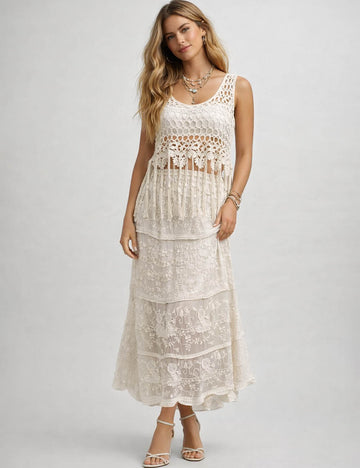 Ladies Crochet Hollow-Out Tassel Top & Lace Midi Skirt Set