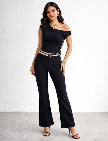 Ladies Chic Metal Eyelet One Shoulder Top & Pants Matching Set