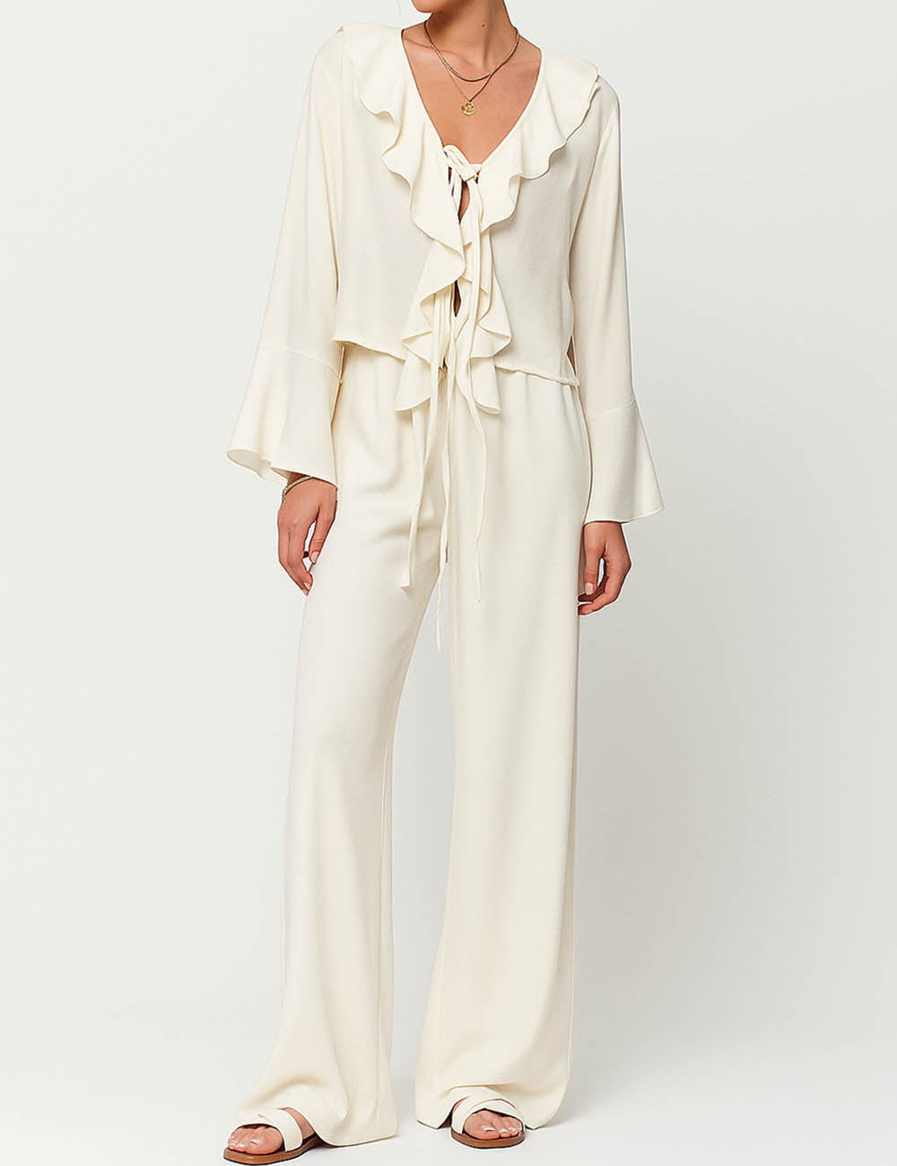 Ladies Ruffle Collar Tie Front Flared Sleeves Blouse & Pants Set