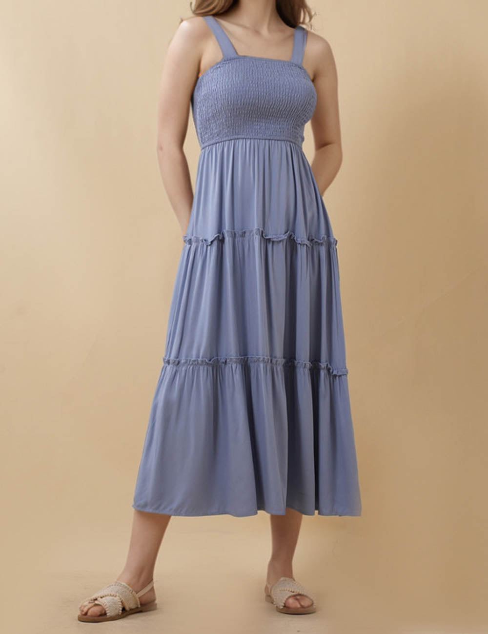Ladies Solid Color Smocking Ruffle Strap Shoulder Midi Dress