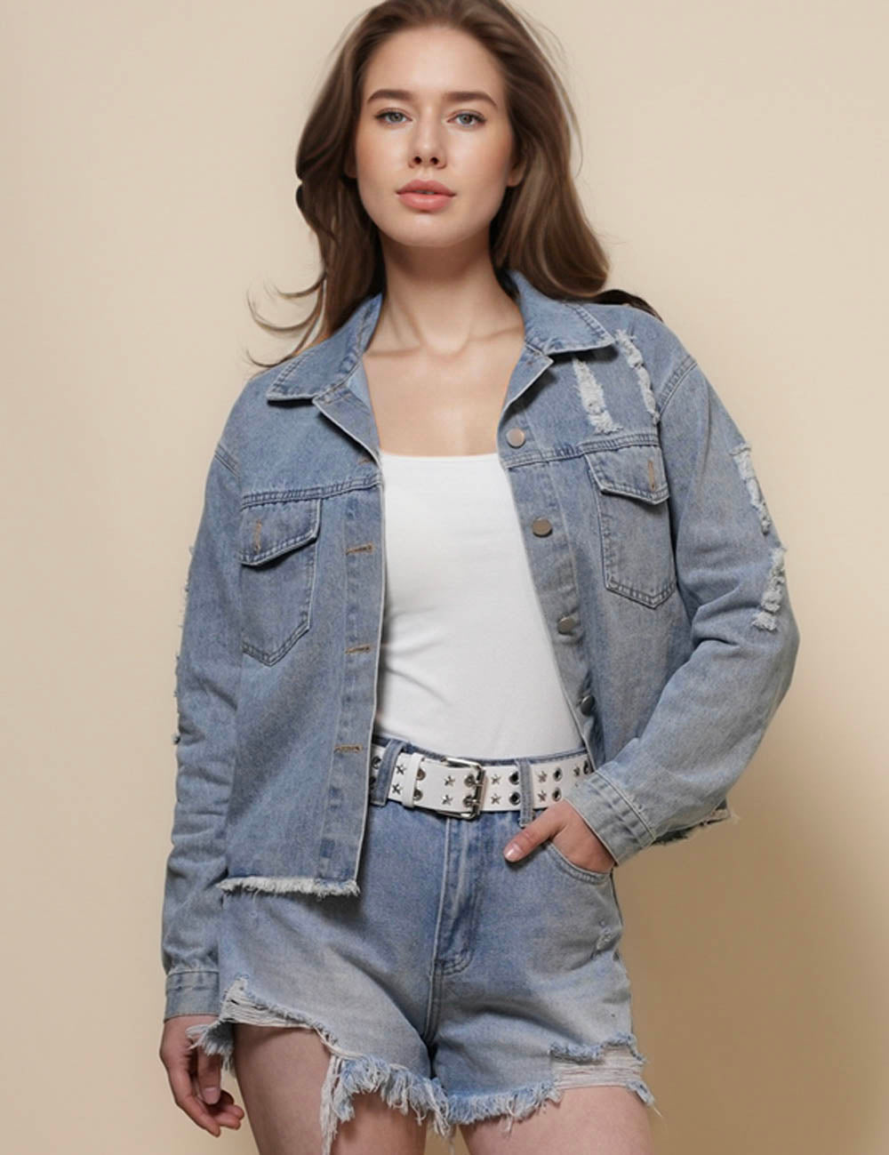 Ladies Turndown Neck Back Star Denim Jacket SKT50022