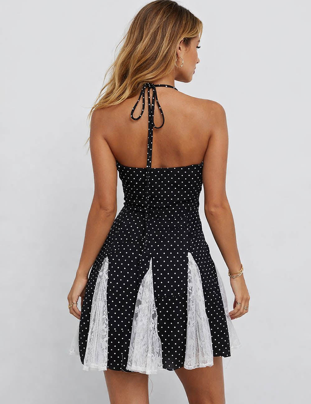 Ladies Polka Dot Halter Neck Lace Panel Cami Mini Dress