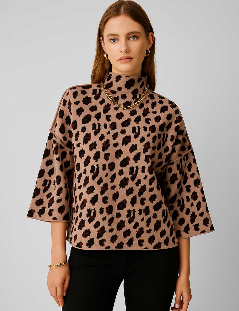 Ladies Leopard Print Mock Neck Wide Sleeves Knit Sweater
