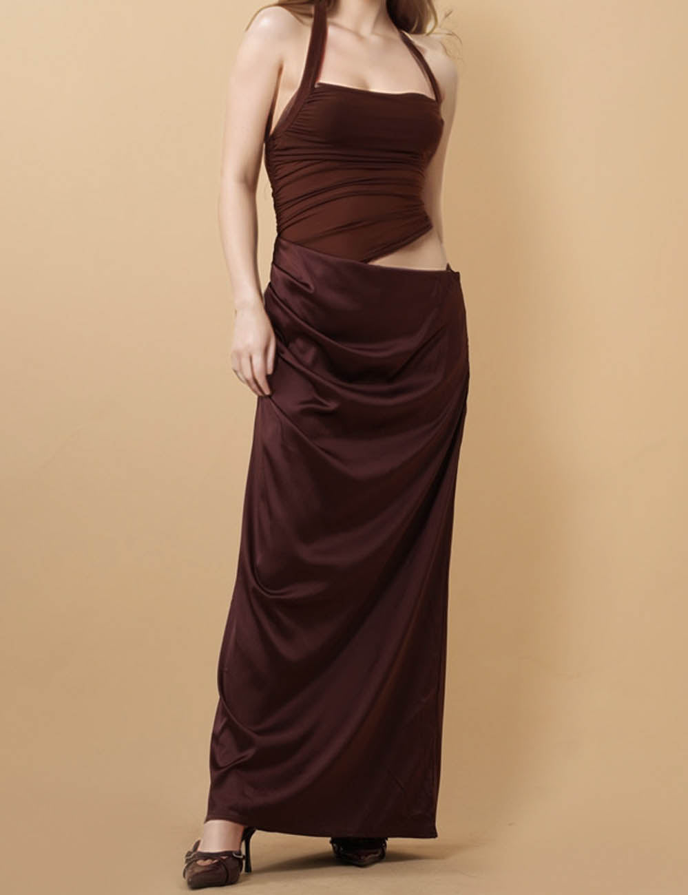 Ladies Mesh Splicing Waist Cut Out Halter Maxi Dress 8SKD51323