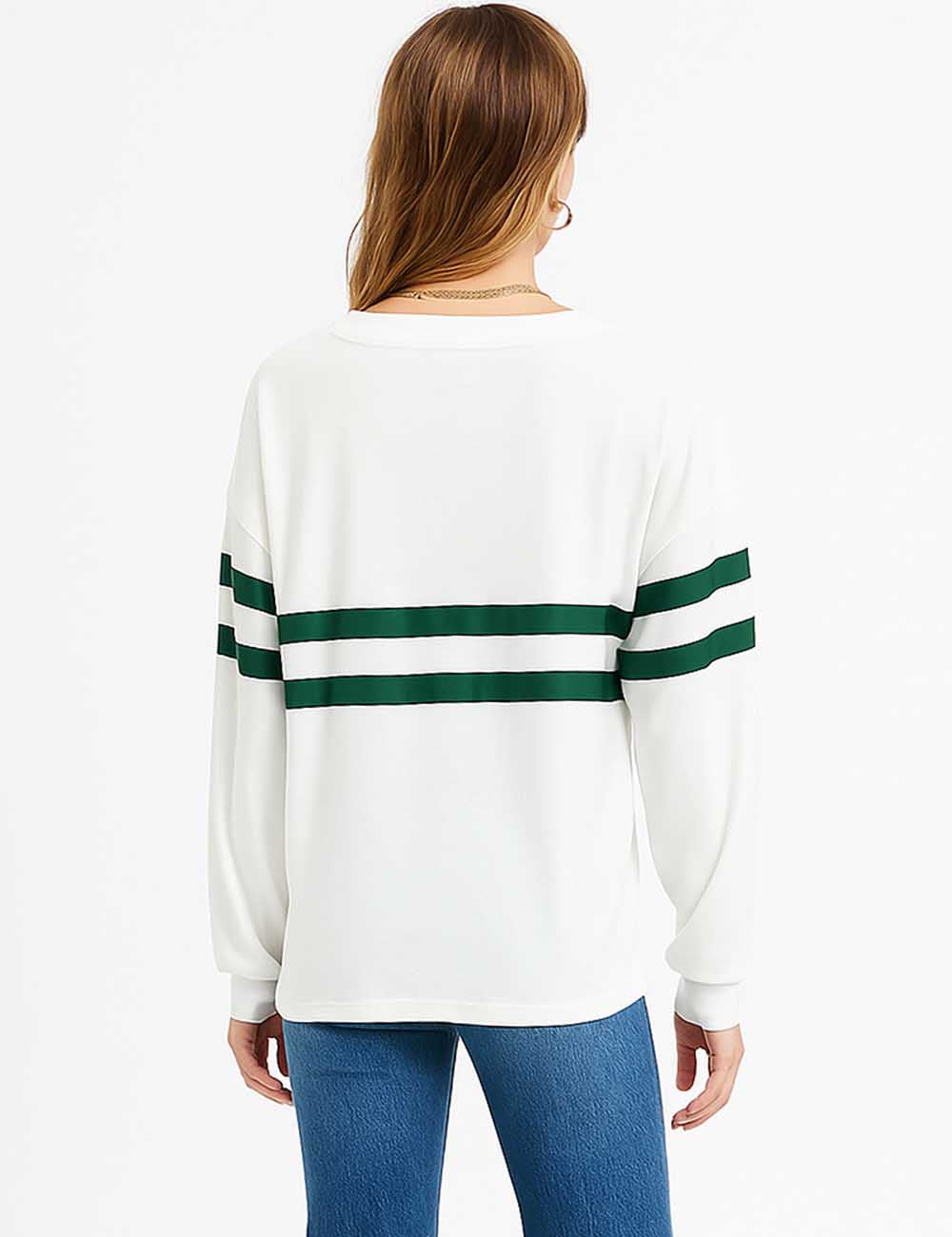 Ladies Striped Color Block Round Neck Long Sleeves Sweatshirt