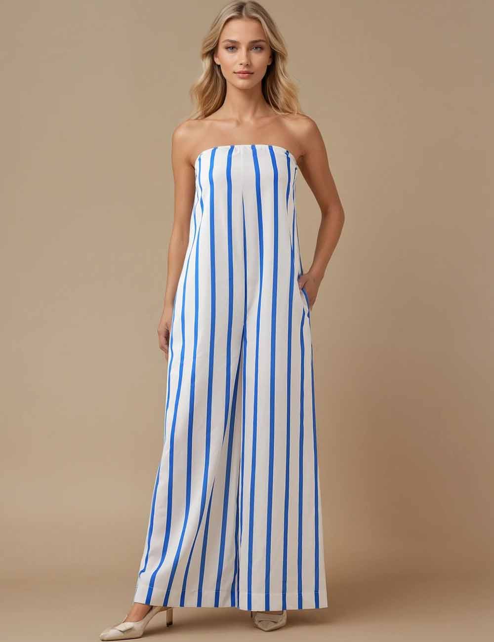 Ladies Color Block Striped Strapless Sleeveless Wide Leg Jumpsuit