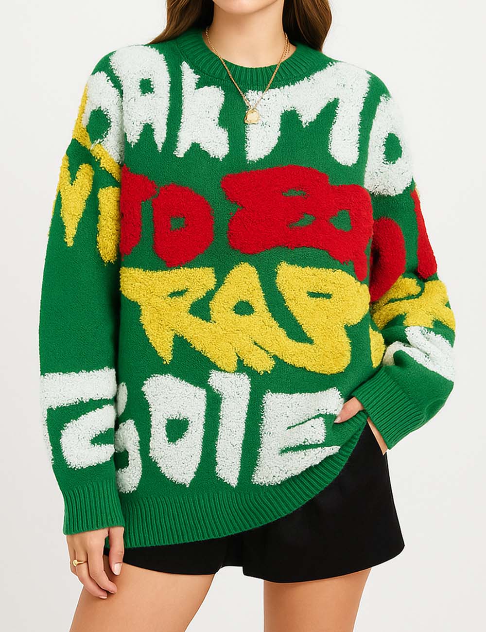 Ladies Multi Color Letter Splice Round Collor Kniw Sweater