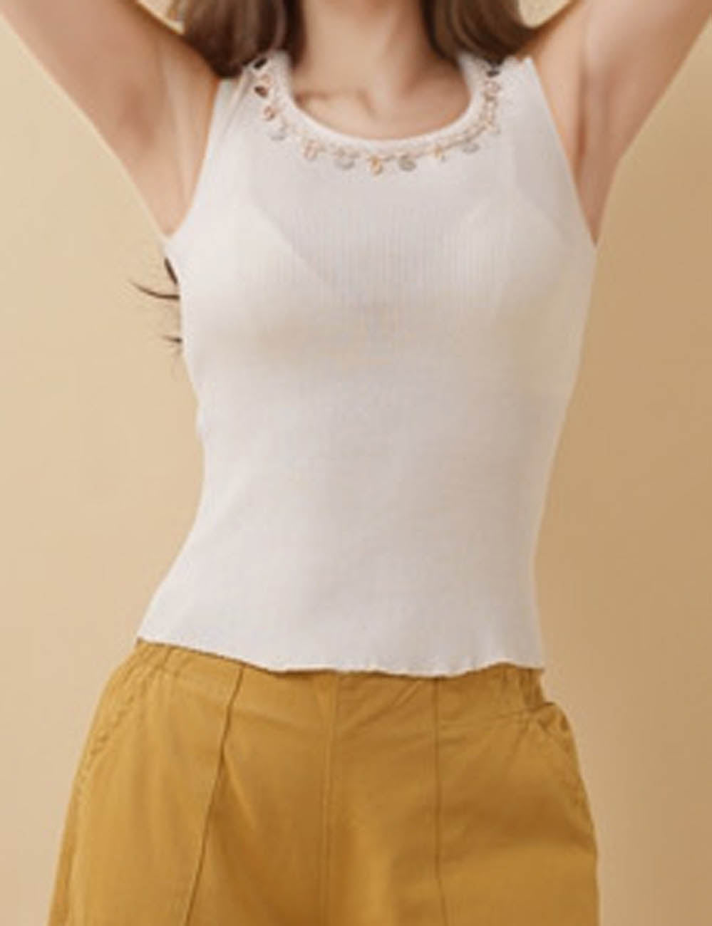 Ladies Solid Color Shell Metal NeckLace Ribbed Tank Top