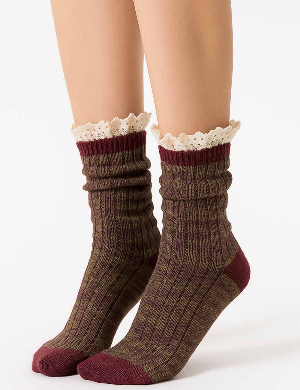 Ladies Vintage Ruffle Lace Trim Knit Midi Calf Socks