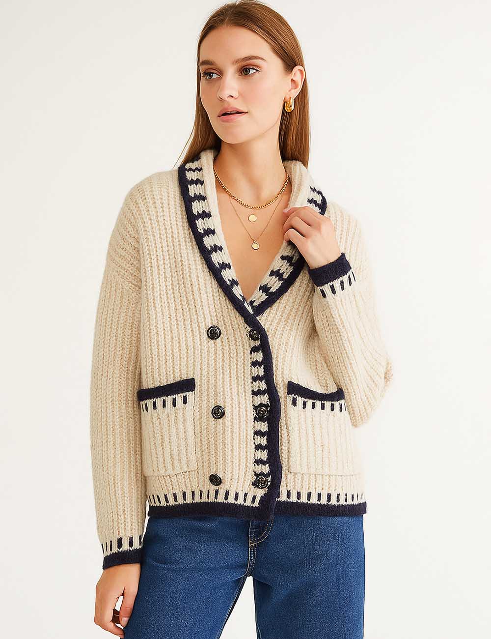 Ladies Color Block Shawl Collar Double-Breasted Chunky Cardigan
