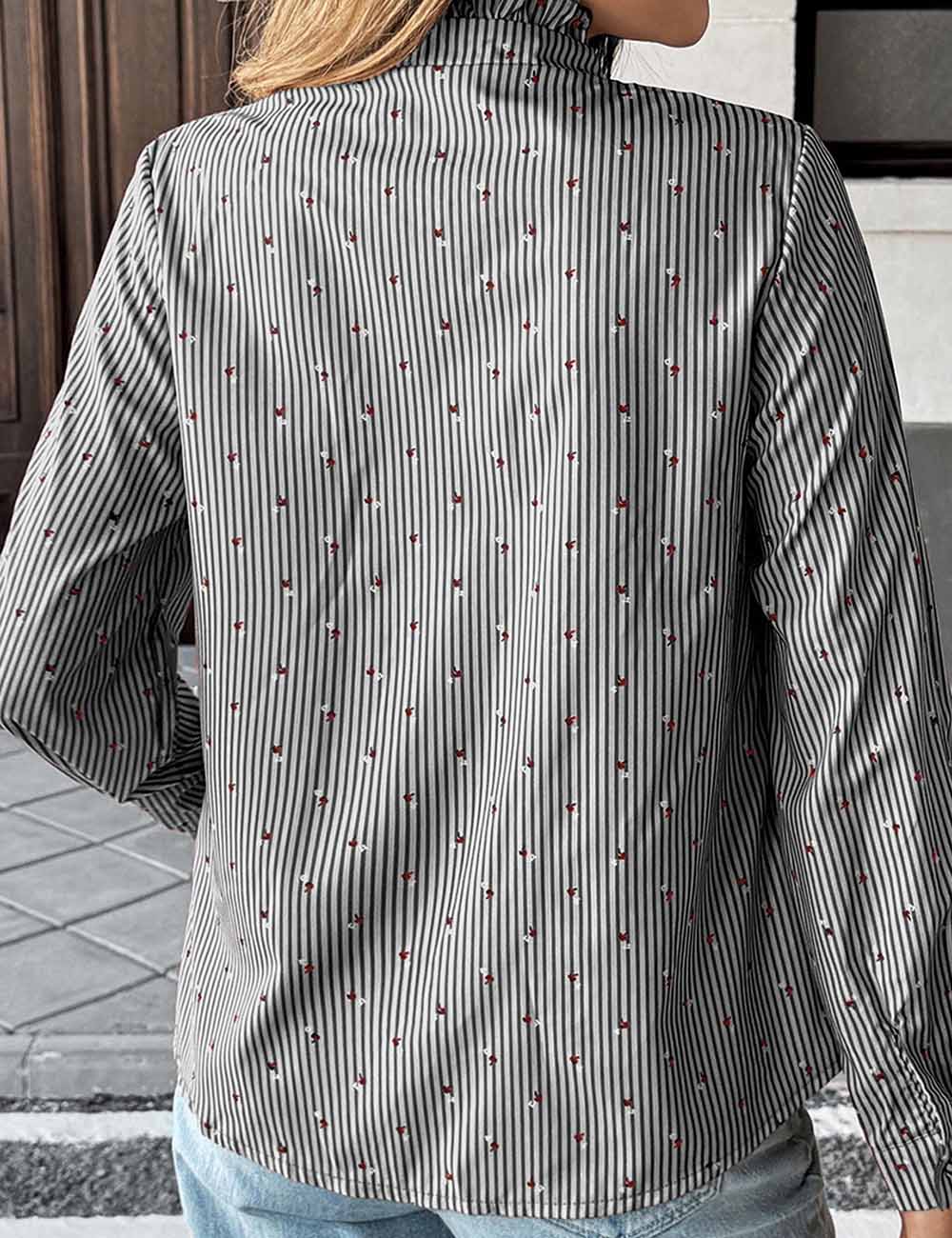 Ladies Stand Collar Striped Print Ruffle Long Sleeves Shirt