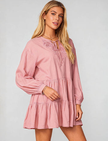 Ladies Embroidery Tie Neck Long Sleeves Tiered Mini Dress