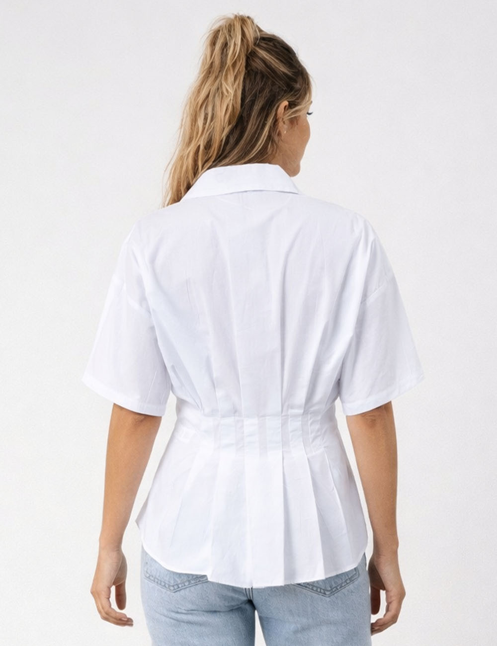 Ladies Chic Pleated Waist Shirt Collar Short Sleeves Blouse