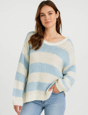 Ladies Round Neck Pullover Striped Knit Sweater