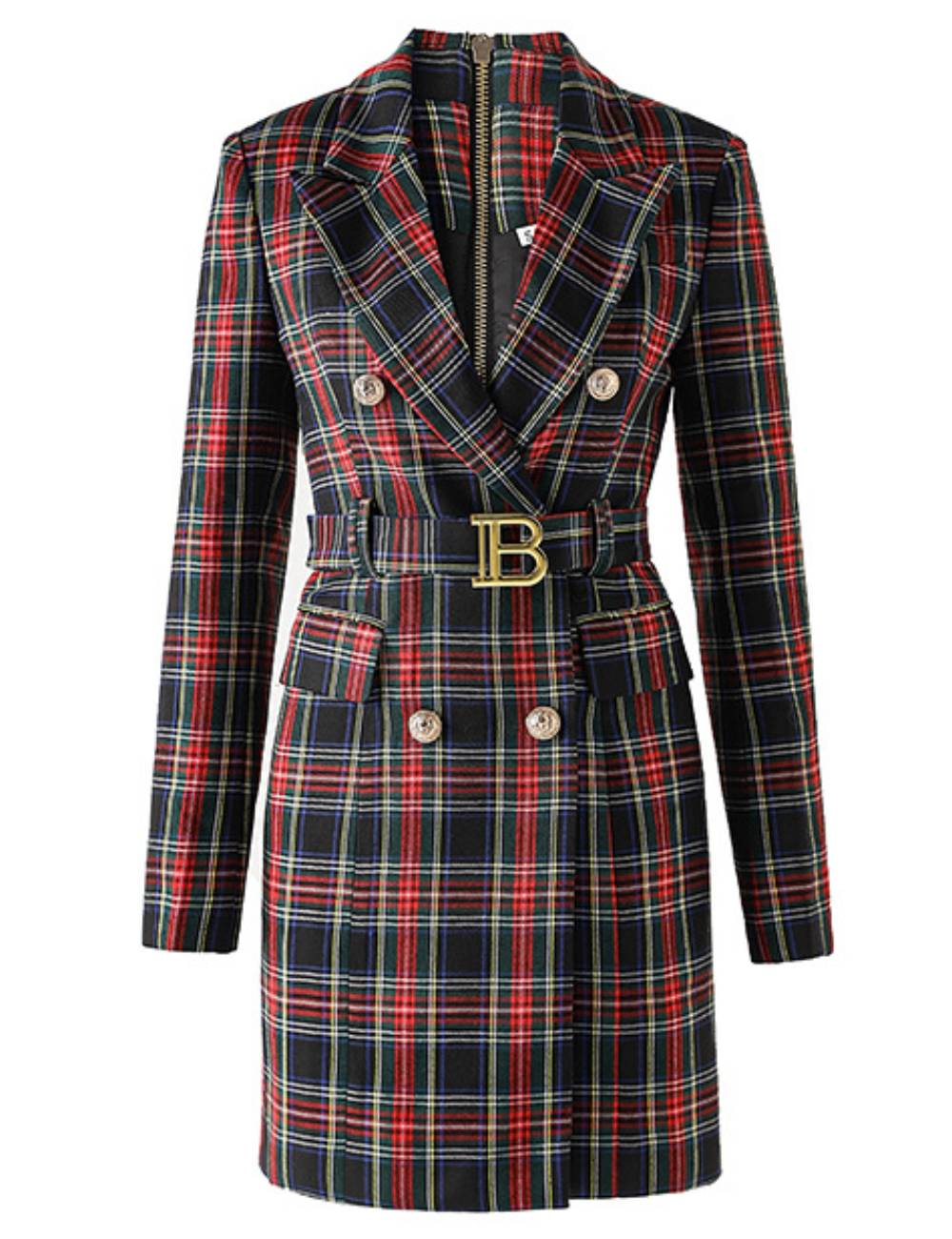 Ladies V-Neck Long Sleeves Plaid Blazer Coat SKD51056