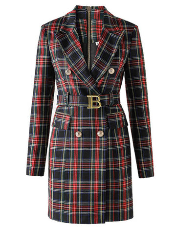 Ladies V-Neck Long Sleeves Plaid Blazer Coat SKD51056