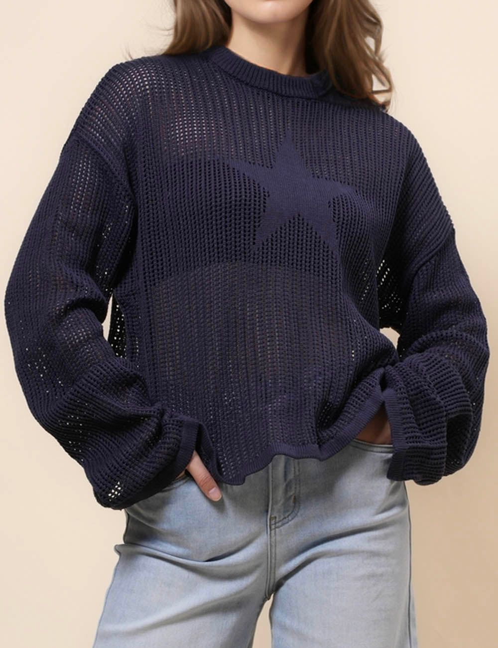 Ladies Star Knit Hallow Out Solid Color Blouse Sweater SKT41050
