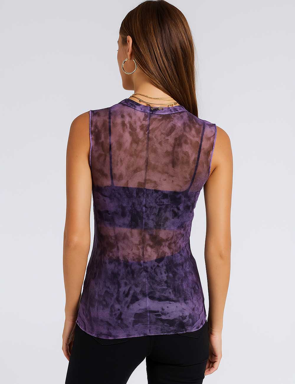 Women Inregular Print Mesh Layering Top See Sheer Tank Top