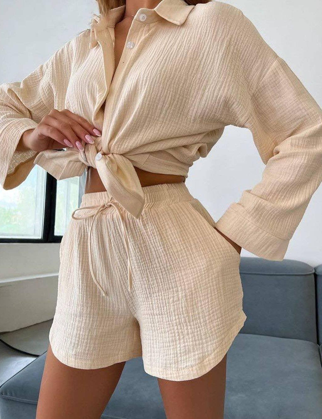 Ladies Solid Color Top and Shorts Daily Set FF230415