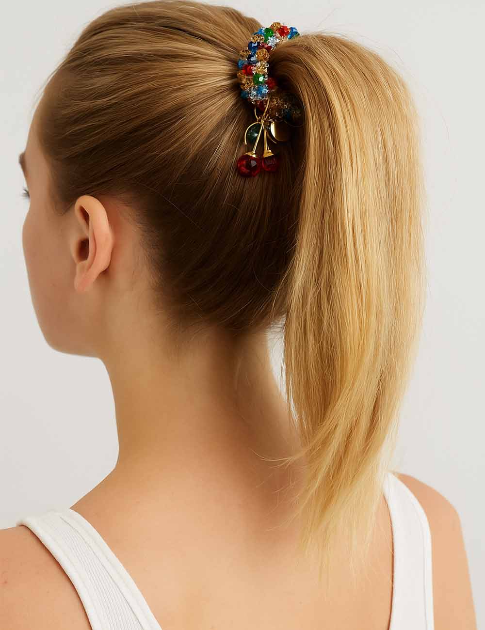 Ladies Colorful Beaded Cherry Pendant Elastic Crystal Bracelet