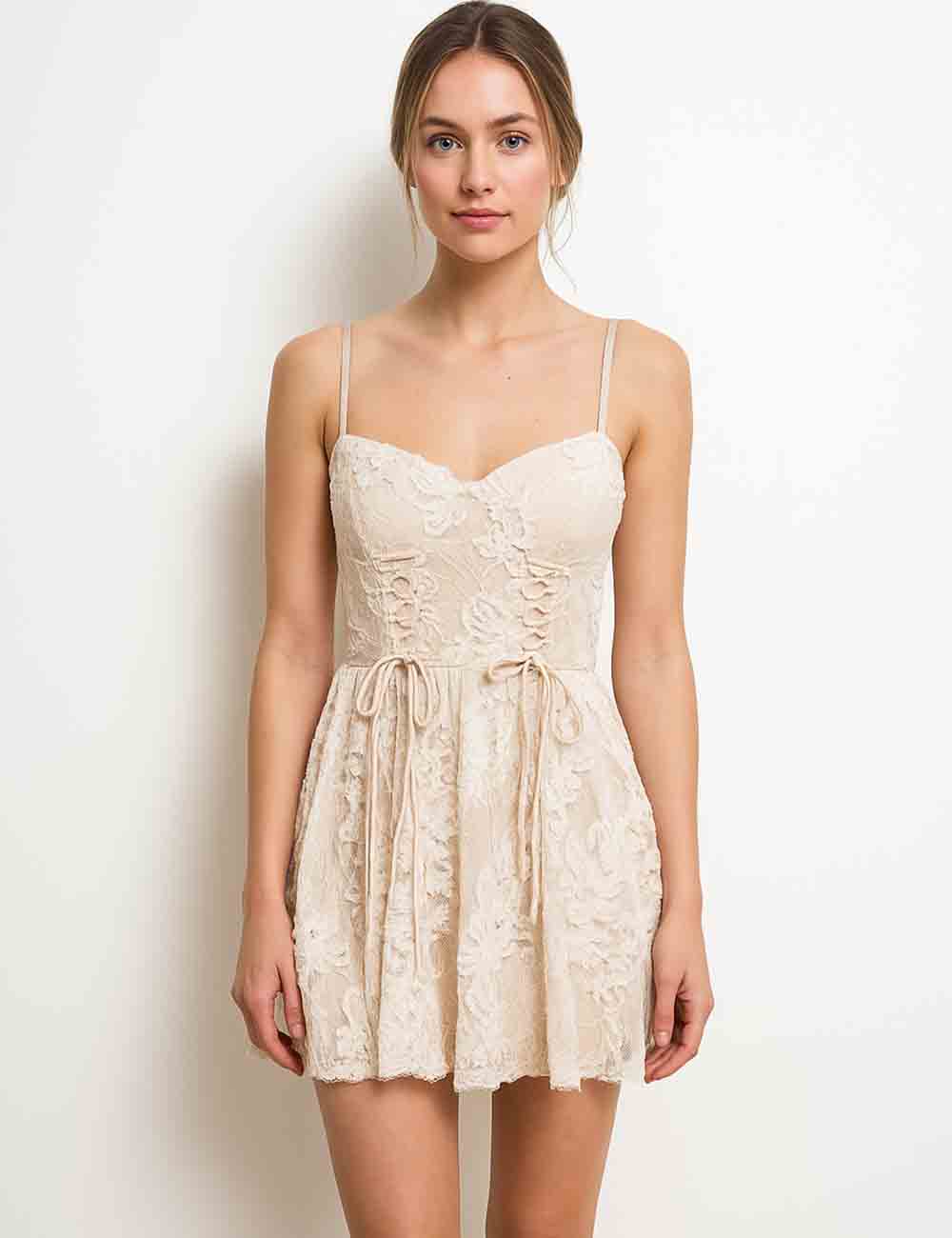 Ladies Floral Embroidery Sweetheart Spaghetti Strap Drawstring Mini Dress