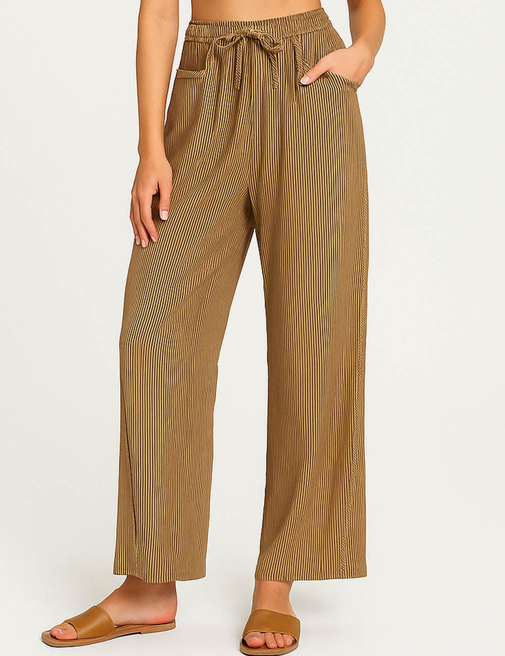 Ladies Striped Print Elastic Waist Lace Up Wide Leg Pants