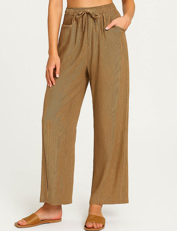 Ladies Striped Print Elastic Waist Lace Up Wide Leg Pants