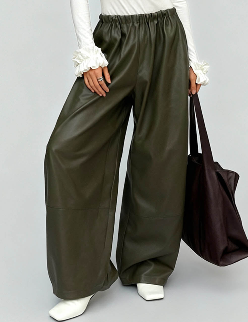 Ladies Elastic Waist Drawstring Hem Leather Pants