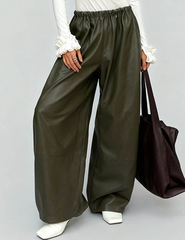Ladies Elastic Waist Drawstring Hem Leather Pants