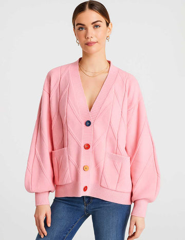 Ladies Cable Knit V-Neck Button Closure Sweater Cardigan