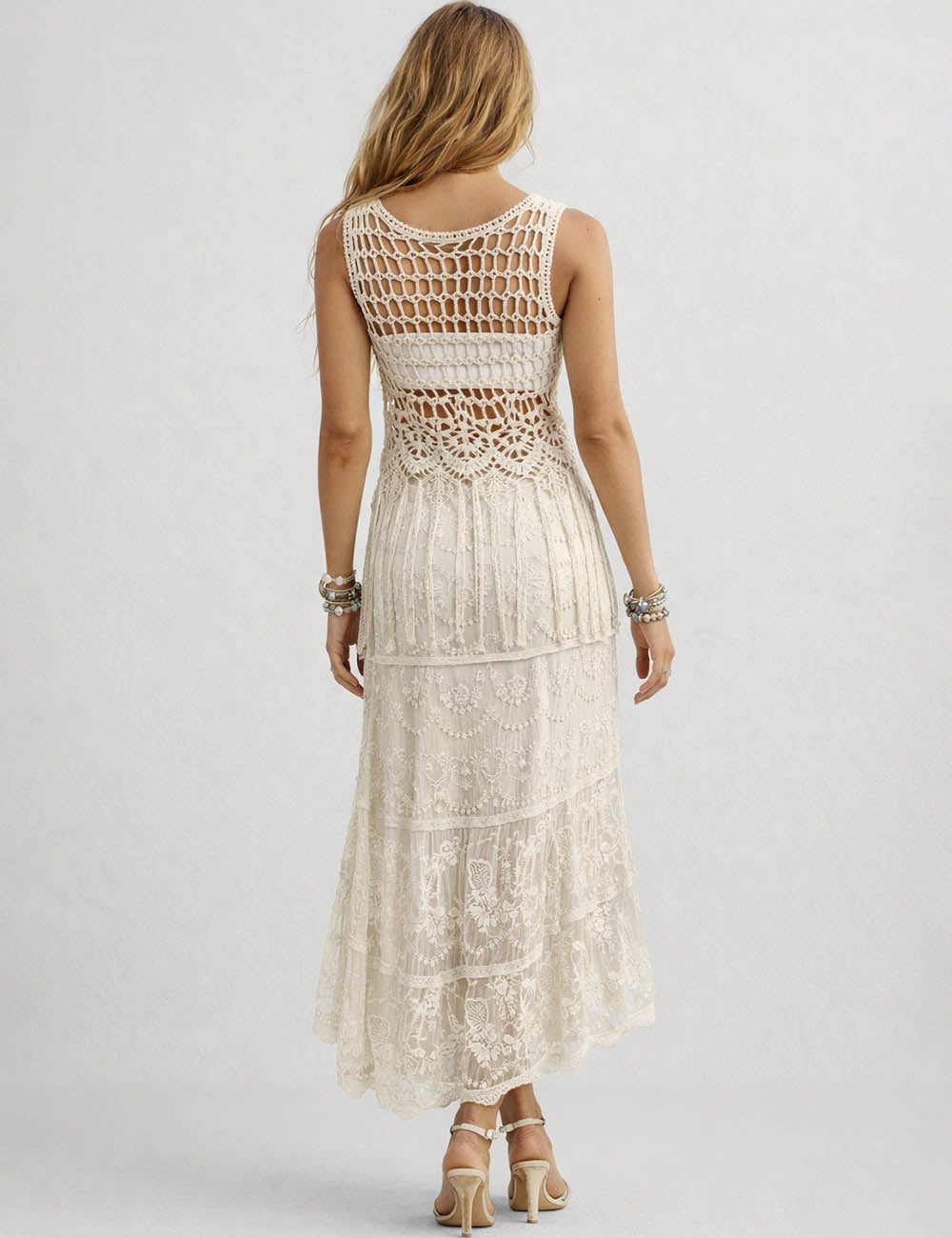 Ladies Crochet Hollow-Out Tassel Top & Lace Midi Skirt Set