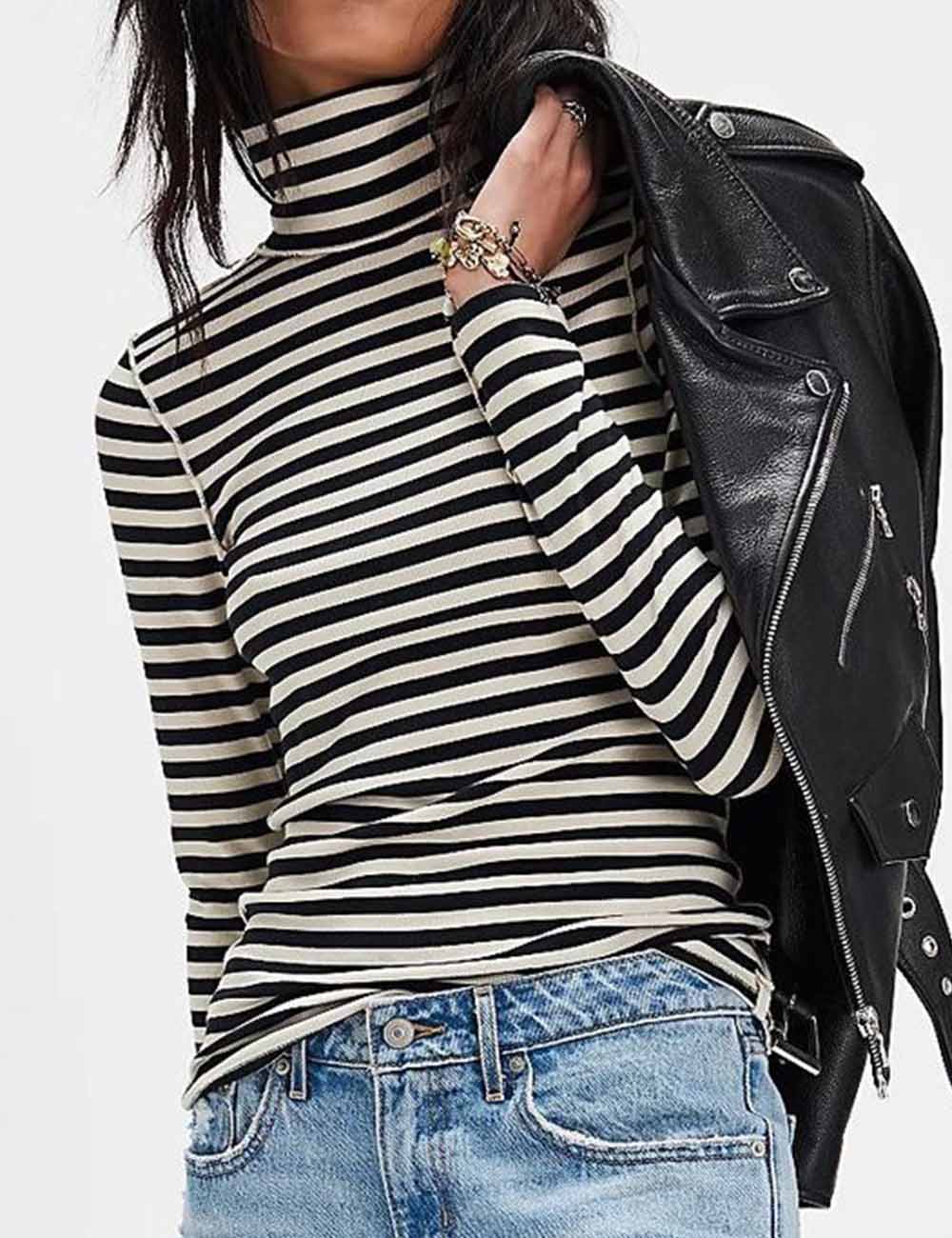 Ladies Color Block Striped Turtleneck Long Sleeves Layering Top