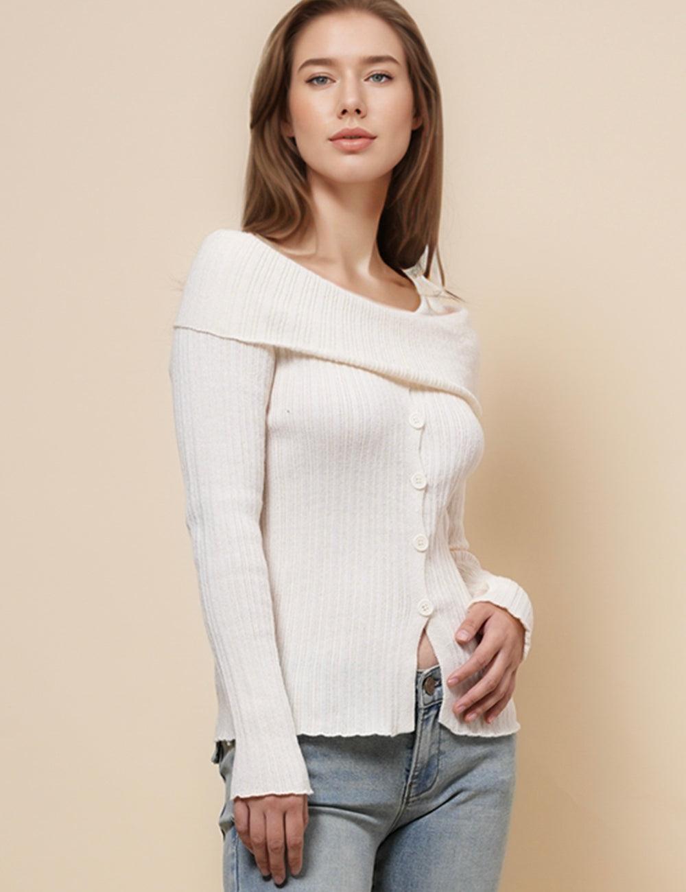 Ladies Folder Off Shoulder Botton Solid Color Blouse SKT4884