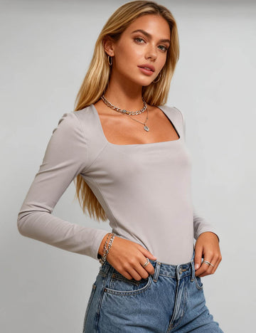 Ladies Solid Color Square Neck Long Sleeves Bodysuit