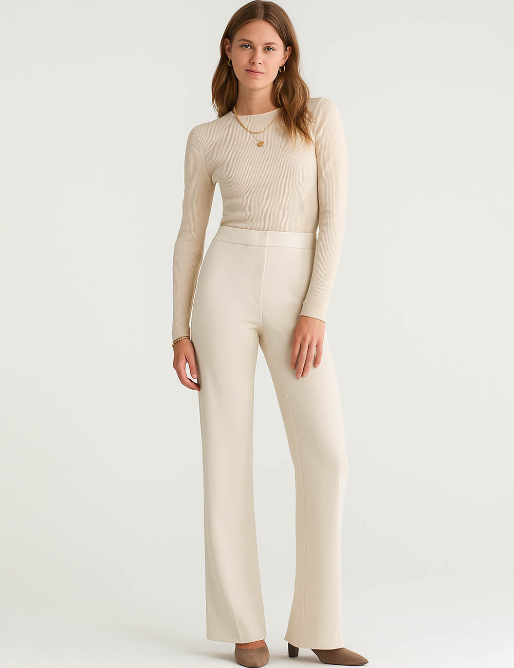 Ladies Solid Color Button Waist Straight Leg Pants