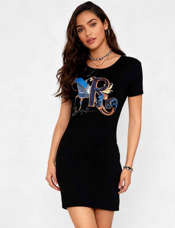 Ladies Print Rhinestone Back Cross-Strap Bodycon Mini Dress