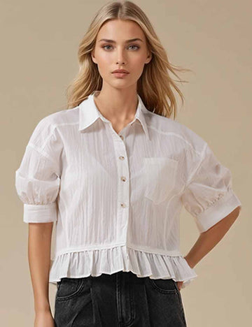Ladies White Turndown Colloar Button Short Sleeves Shirt