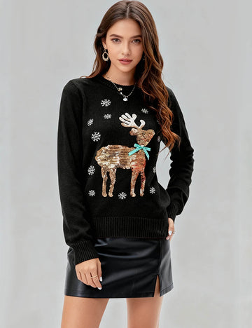 Ladies Sequin Reindeer Round Neck Christmas Knit Sweater