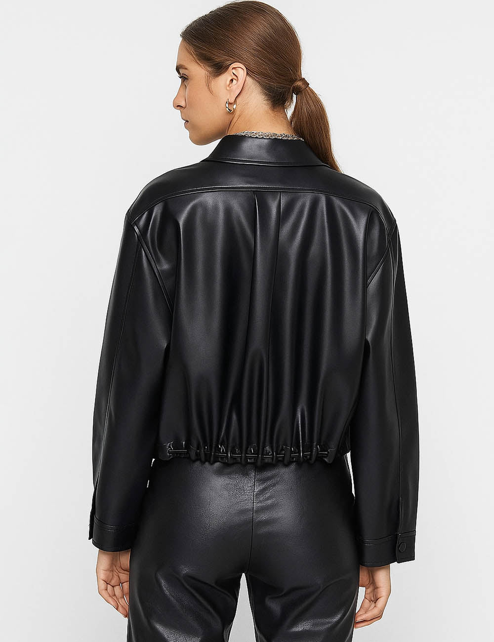 Ladies Shirt Collar Zipper Front Faux PU Leather Jacket