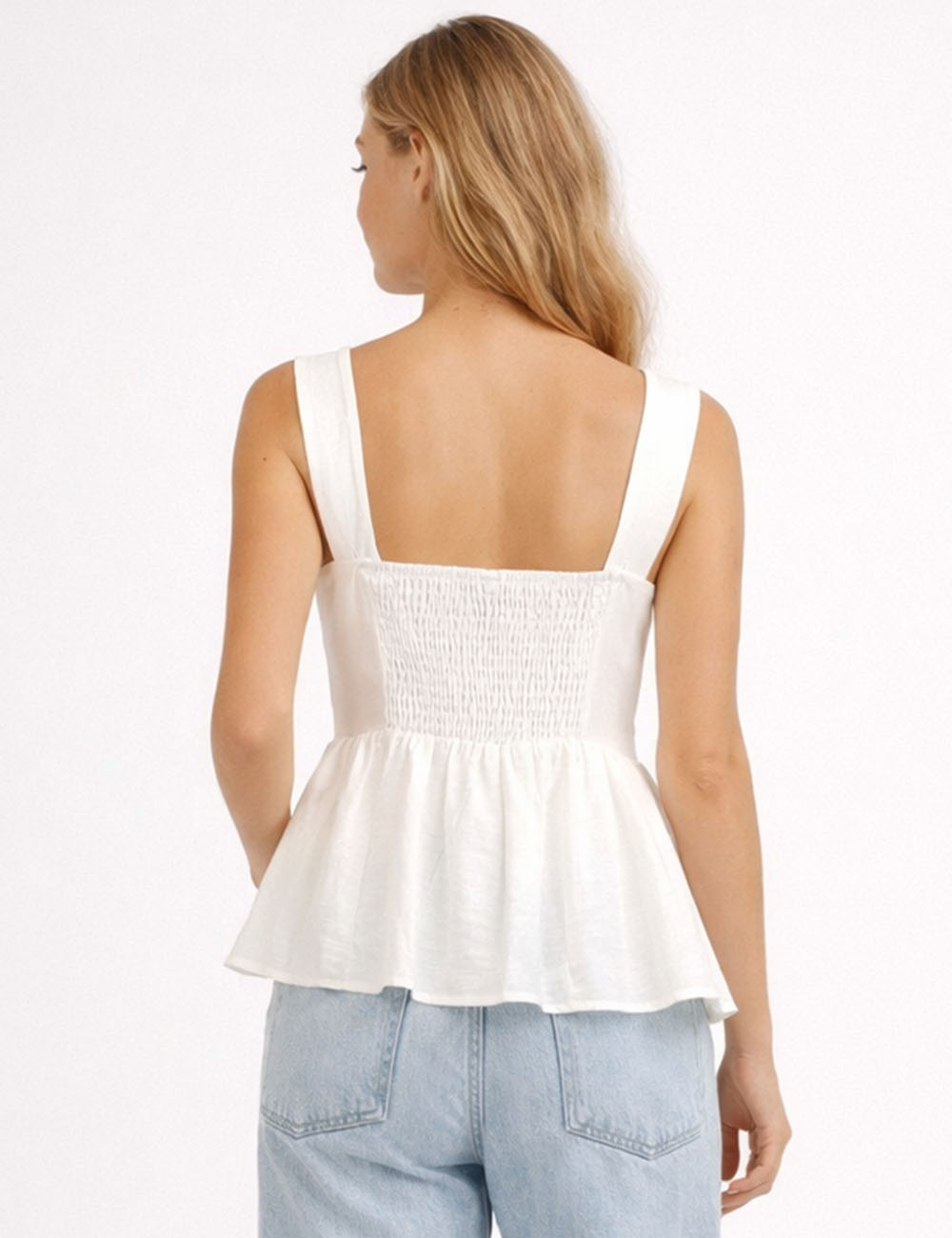 Ladies Chic Smocked Square Neck Button Sleeveless Top