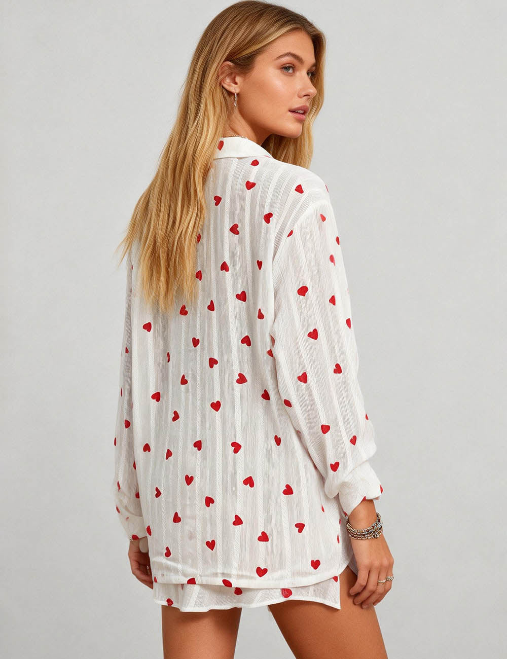 Ladies Valentine‘s Heart Print Long Sleeves Top & Shorts Set