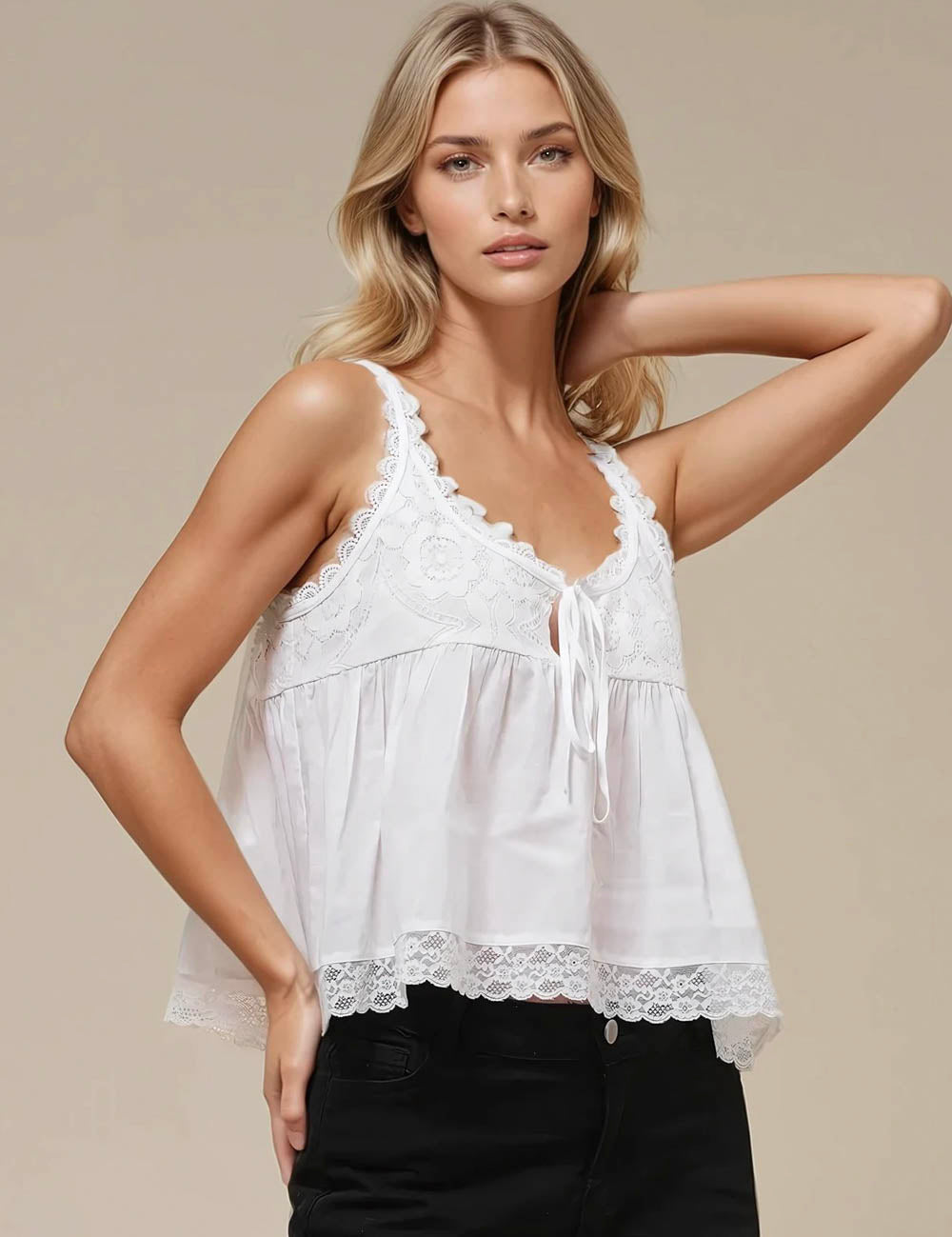 Ladies Round Neck Lace Shoulder Cami Top SKT51120