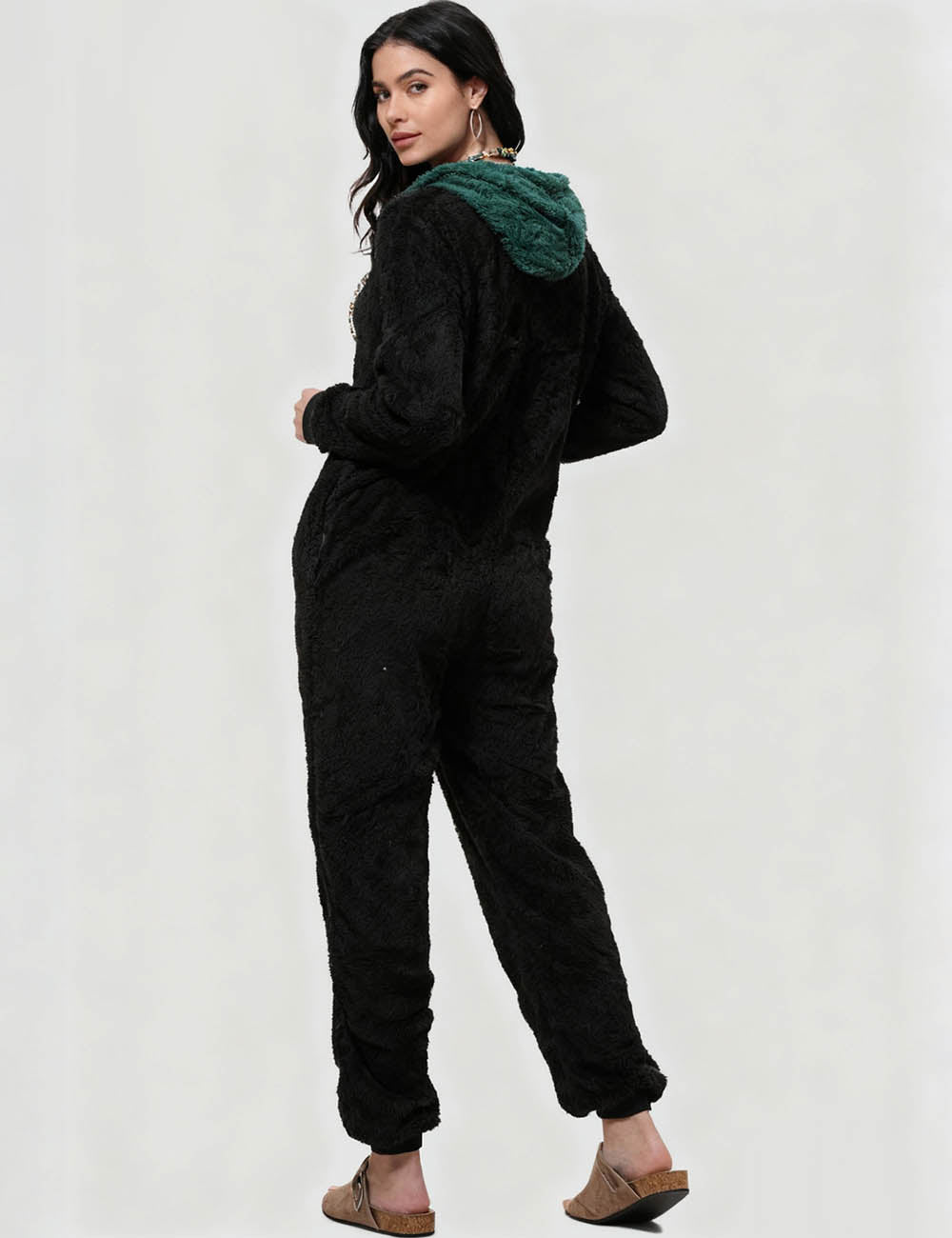 Ladies Christmas Color Block Fleece Jumpsuit Hooded Overall