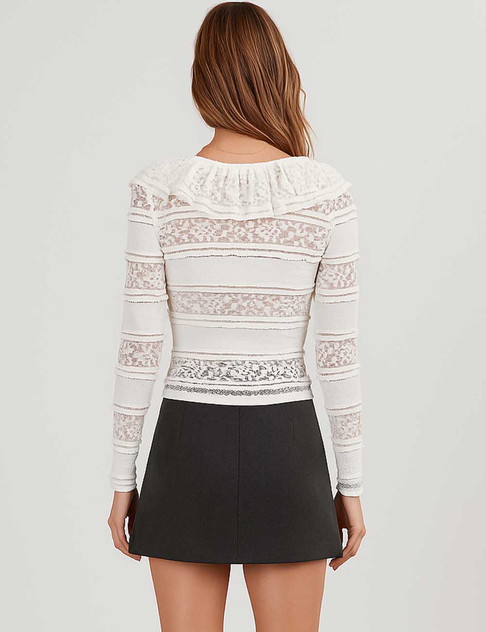 Ladies Ruffle Neckline Lace Panel Sheer Cropped Top