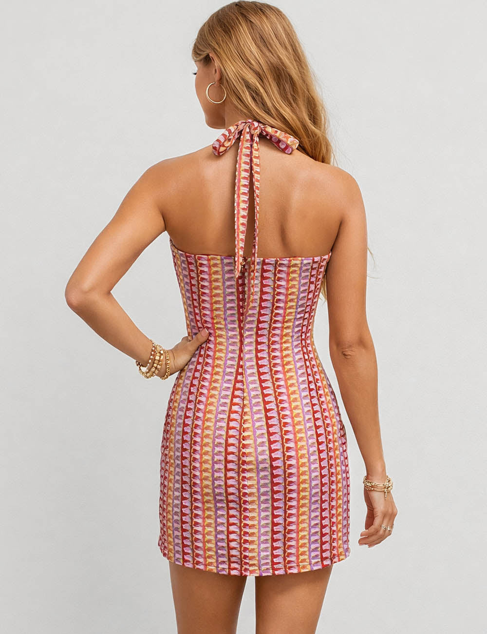 Ladies Multicolor Crochet V-Neck Cutout Halter Mini Dress