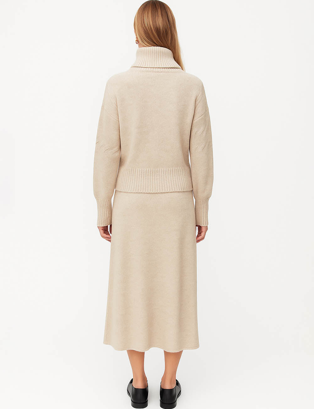 Ladies Turtle Neck Ribbed Knit Sweater Top & Midi Skirt Set