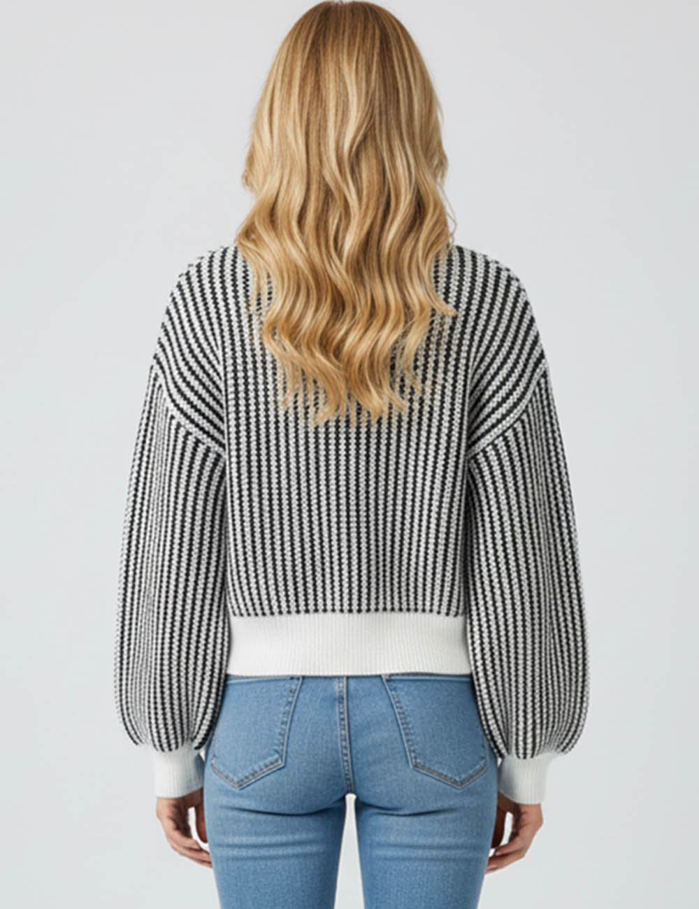 Ladies Diamond Knit Color Block Pullover Lantern Sleeves Sweater