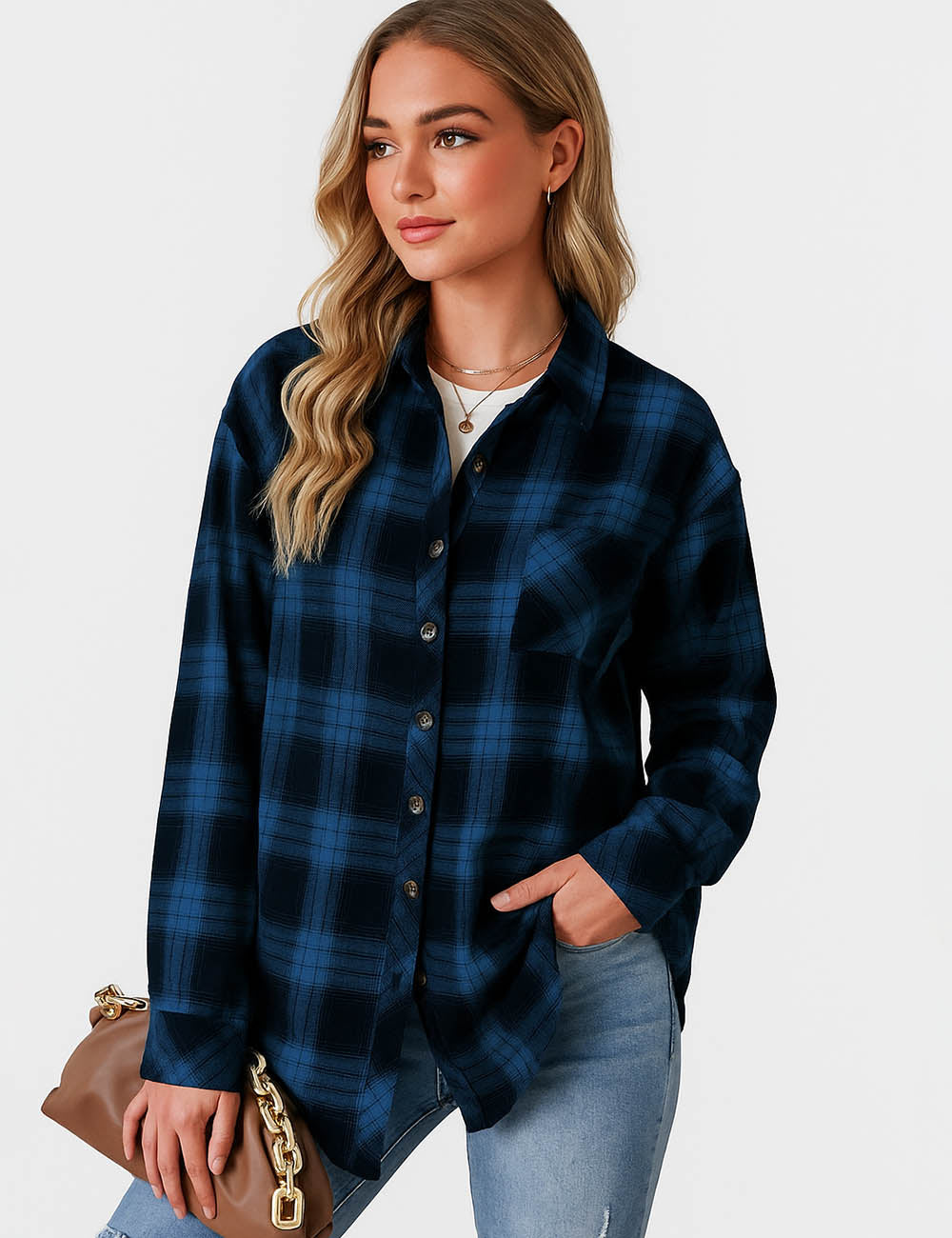 Ladies Checked Pattern Button Down Long Sleeves Pocket Shirt