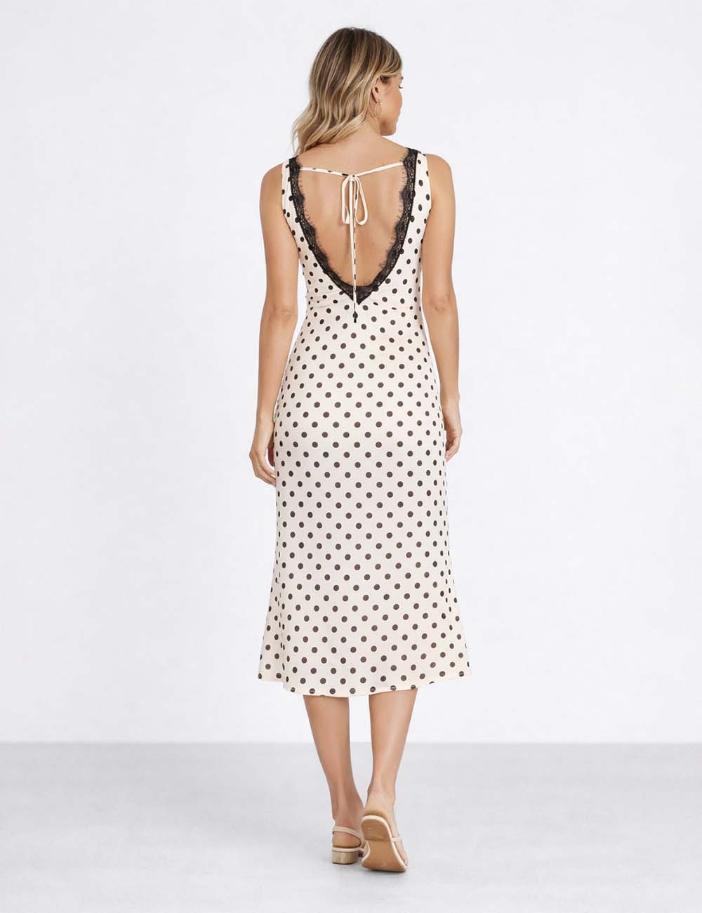 Ladies Chic Polka Dot Lace Trim V-Neck Sleeveless Midi Dress